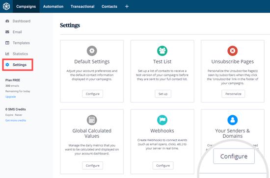 Selecting the Configure option for Senders and Domain in your Sendinblue dashboard