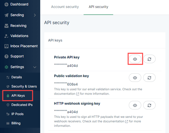 Copying your private API key from Mailgun