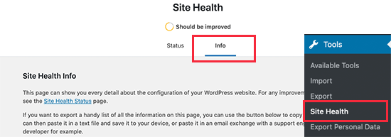 System information report under site health