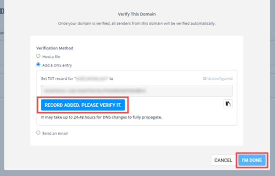 Click the button to verify that your DNS TXT record has been added correctly