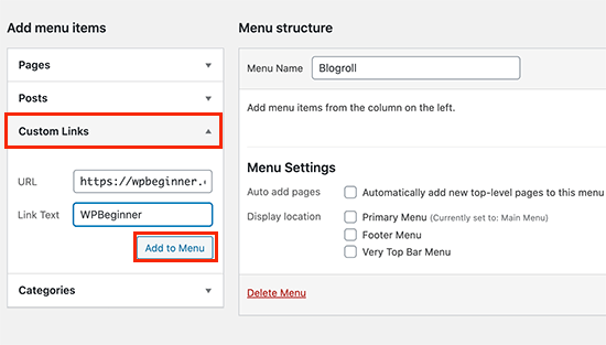 Adding a link to blogroll menu