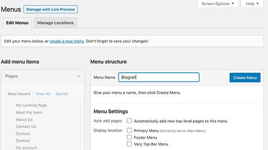 Creating the blogroll menu