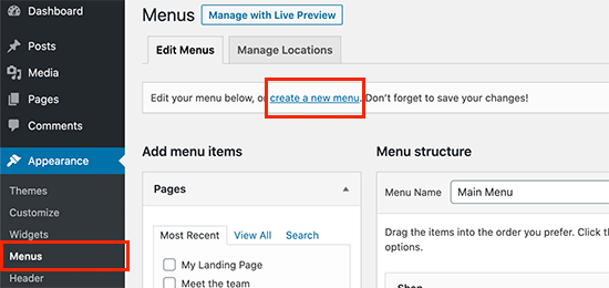 Create a new menu in WordPress