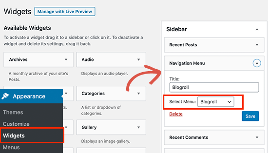 Adding navigation menu widget to sidebar