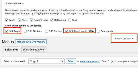 Show advanced link options for WordPress menus