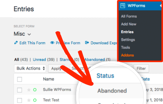 Abandoned form entries in WPForms