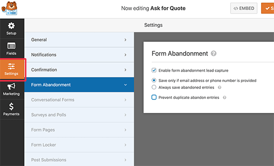 Form abandonment settings