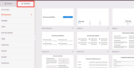 Add complete sections to your landing page