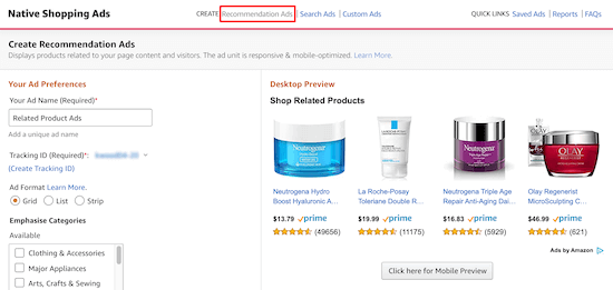 Create recommendation ads