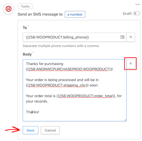 Customize Twilio SMS message