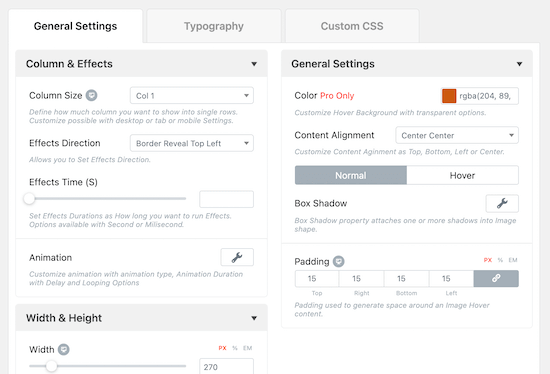 Hover animation settings