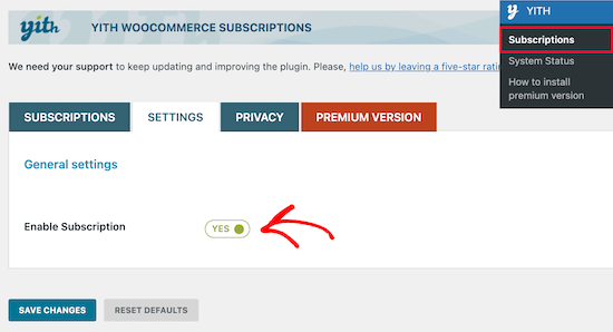 Enable YITH WooCommerce subscription setting