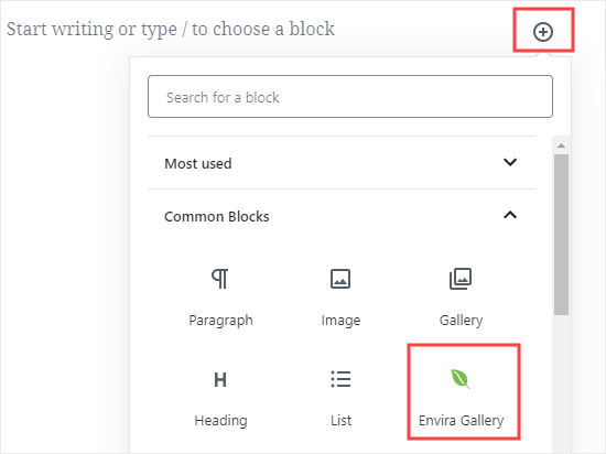 Add the Envira Gallery block to your post or page