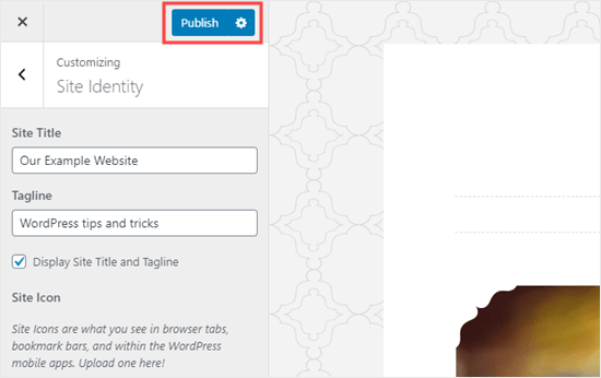 Publishing your changes after making alterations in the Theme Customizer